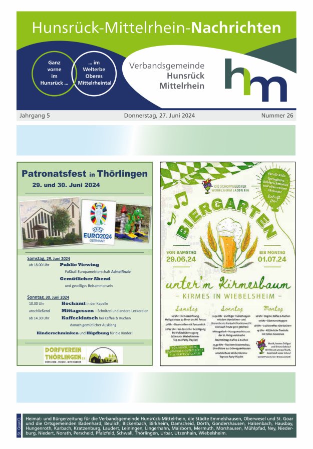 Hunsrück-Mittelrhein Nachrichten Ausgabe St Goar Oberwesel Titelblatt 26/2024