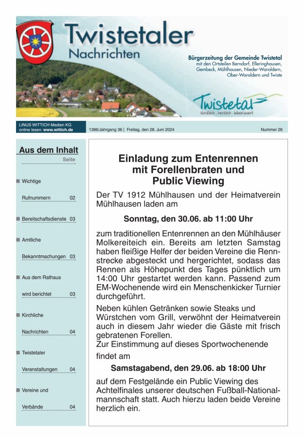 Twistetaler Nachrichten Titelblatt 26/2024