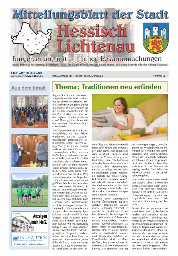 Mitteilungsblatt der Stadt Hess Lichtenau Titelblatt 26/2024