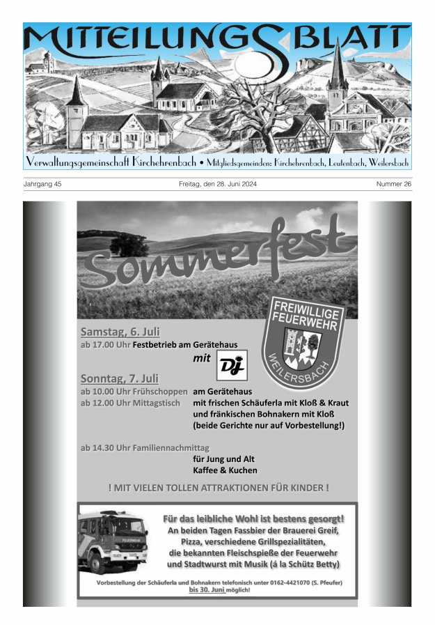 Mitteilungsblatt Verwaltungsgemeinschaft Kirchehrenbach Titelblatt 26/2024