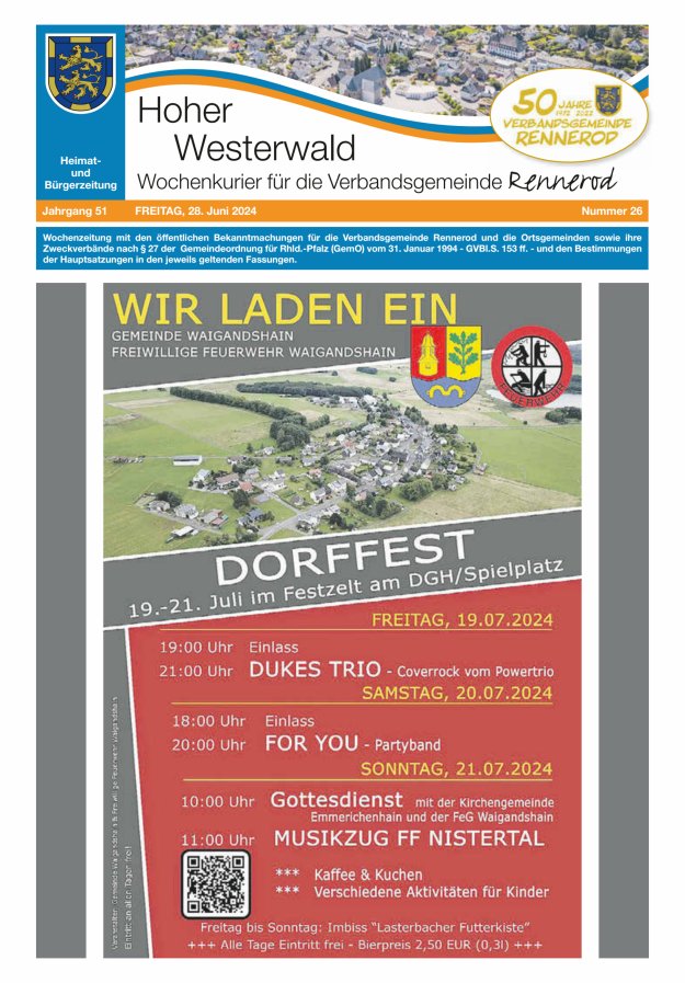 Hoher Westerwald - Wochenkurier für die Verbandsgemeinde Rennerod Titelblatt 26/2024