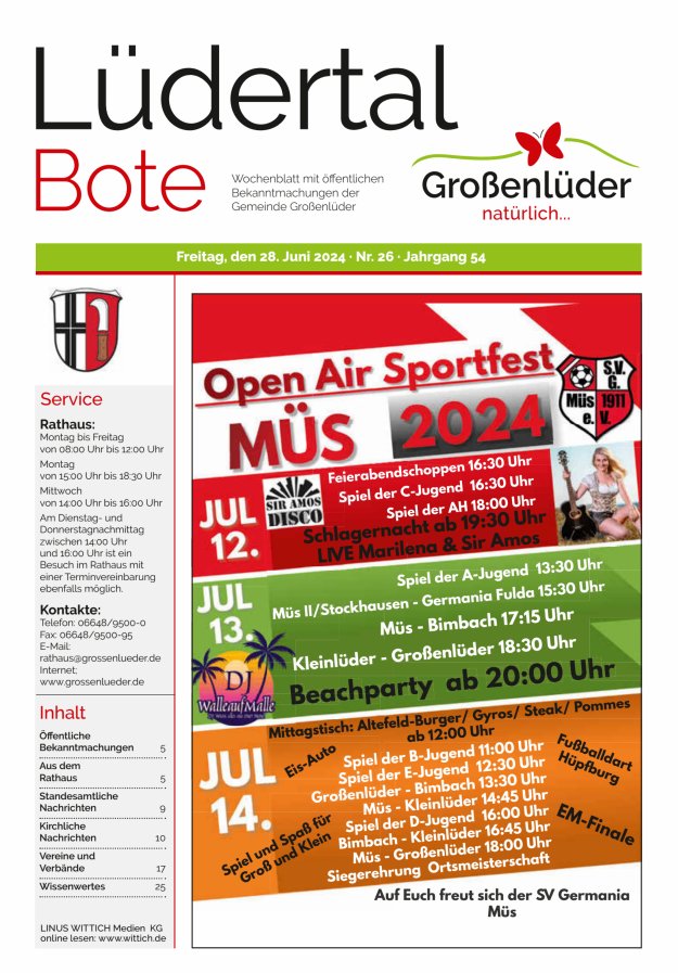 Wochenblatt mit öffentlichen Bekanntmachungen der Gemeinde Großenlüder Titelblatt 26/2024