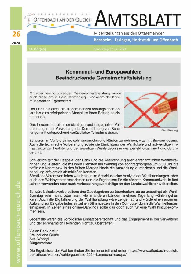 Amtsblatt VG Offenbach an der Queich Titelblatt 26/2024