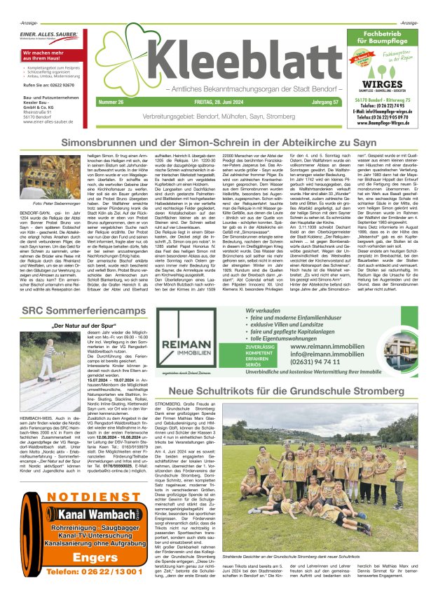 Kleeblatt - Amtliches Bekanntmachungsorgan der Stadt Bendorf Titelblatt 26/2024