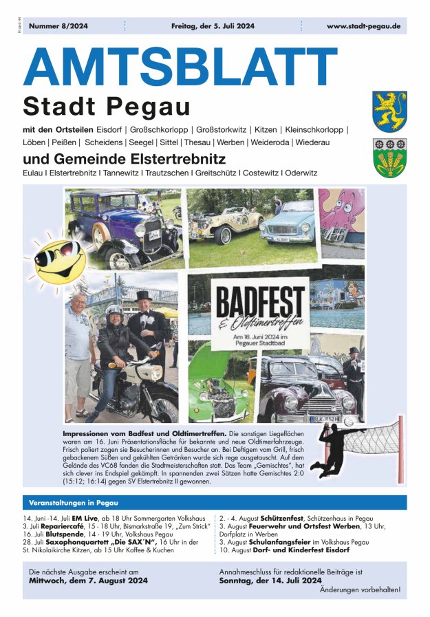 Amtsblatt Stadt Pegau und Gemeinde Elstertrebnitz  Titelblatt 08/2024