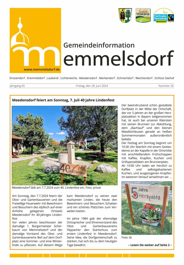 Mitteilungsblatt der Gemeinde Memmelsdorf Titelblatt 26/2024