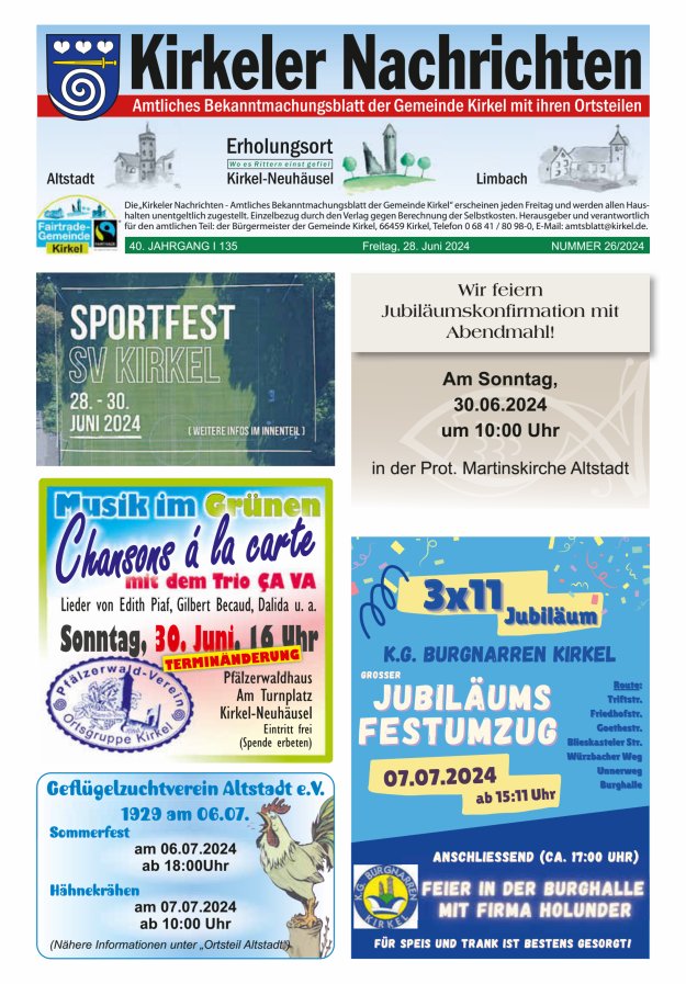 Kirkeler Nachrichten Titelblatt 26/2024