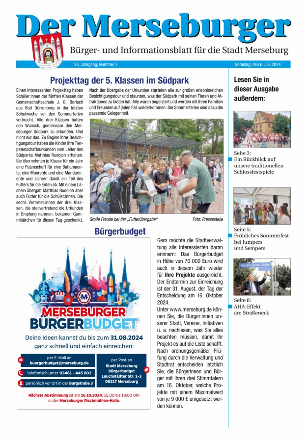Der Merseburger - Bürger- und Informationsblatt für die Stadt Merseburg Titelblatt 07/2024