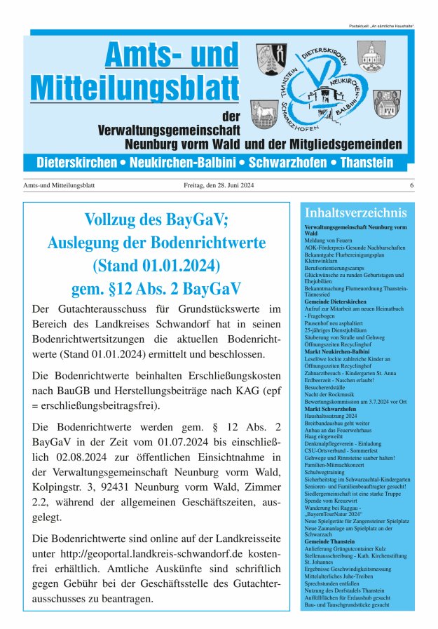 Amts- u Mitteilungsblatt der VG Neunburg vorm Wald u d Mitgliedsgemeinden Titelblatt 06/2024