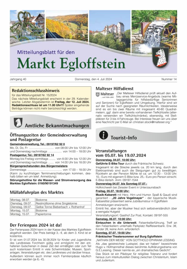 Mitteilungsblatt für den Markt Egloffstein Titelblatt 14/2024