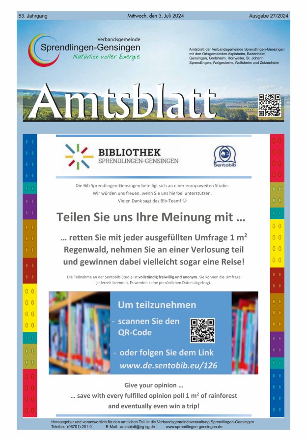 Amtsblatt VG Sprendlingen-Gensingen Titelblatt 27/2024