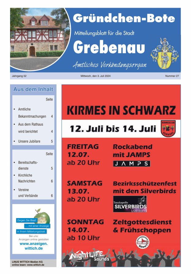 Grebenau - Gründchen Bote - Mitteilungsblatt für die Stadt Grebenau Titelblatt 27/2024