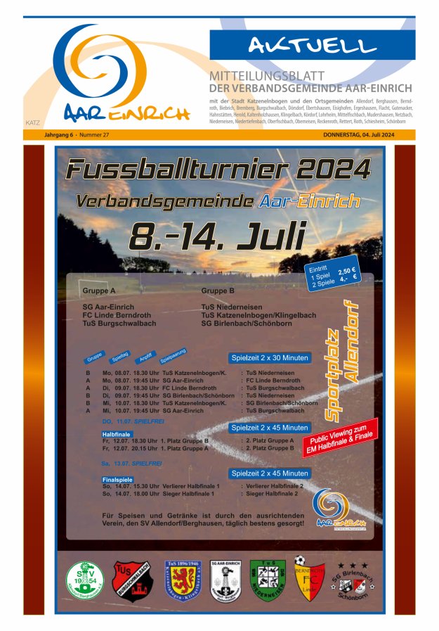 Mitteilungsblatt der Verbandsgemeinde Aar-Einrich Ausgabe Katzenelnbogen Titelblatt 27/2024