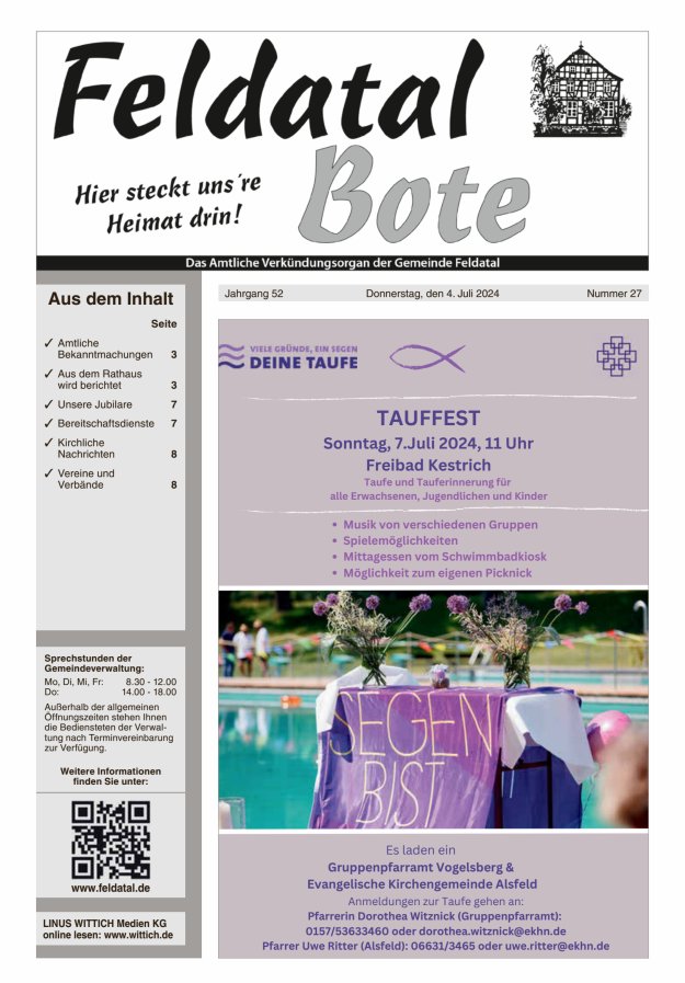 Das Amtliche Verkündungsorgan der Gemeinde Feldatal Titelblatt 27/2024
