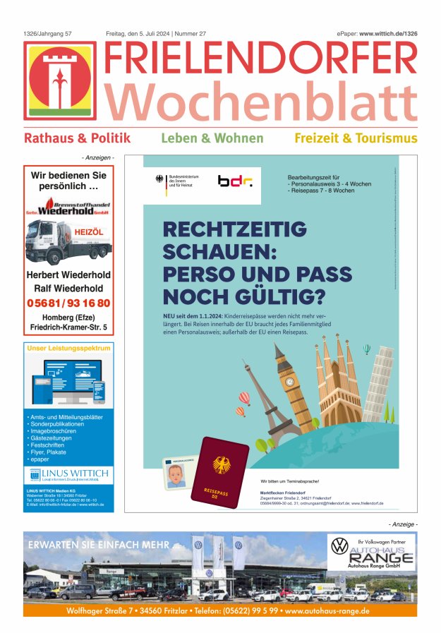 Frielendorfer Wochenblatt Titelblatt 27/2024