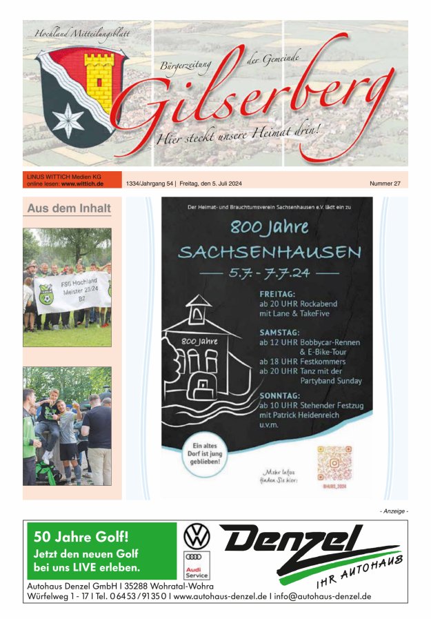 Hochland Mitteilungsblatt Gilserberg Titelblatt 27/2024