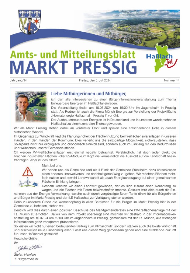 Amtsblatt für den Markt Pressig mit den Gemeindeteilen Titelblatt 14/2024