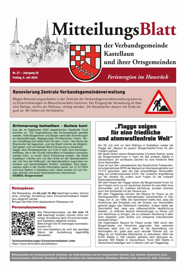 Mitteilungsblatt Kastellaun Titelblatt 27/2024