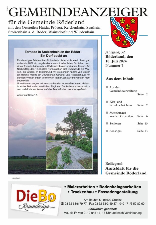 Gemeindeanzeiger - Amtsblatt für die Gemeinde Röderland Titelblatt 07/2024