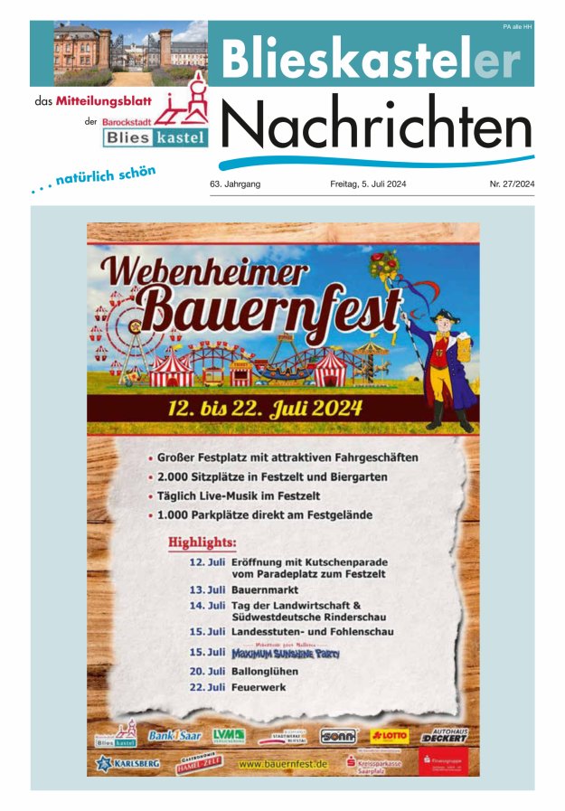 Blieskasteler Nachrichten  Titelblatt 27/2024