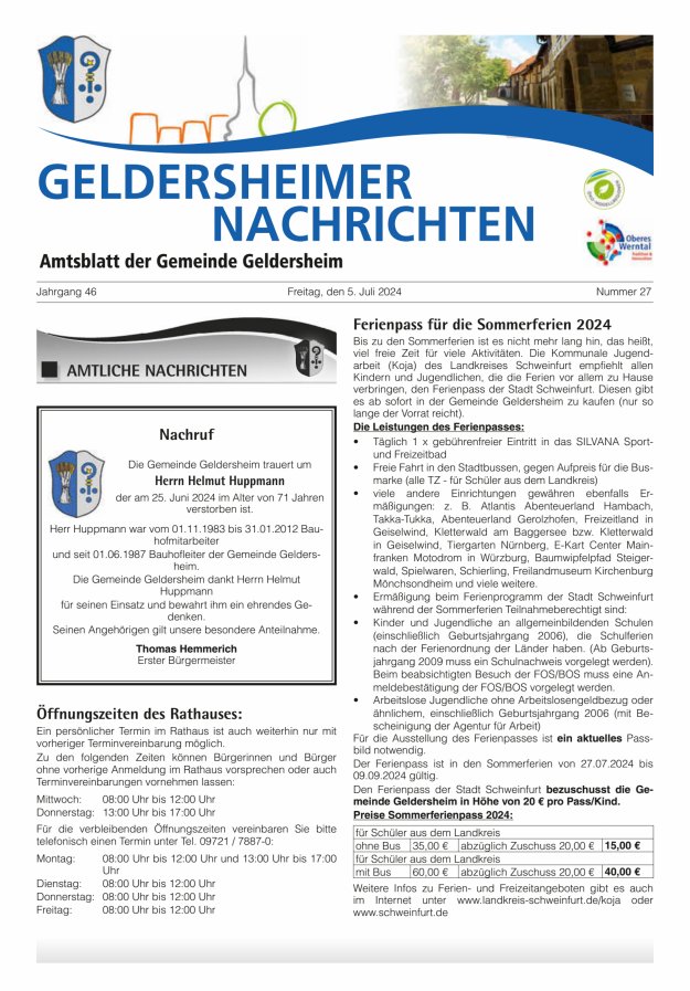 Geldersheimer Nachrichten Amtsblatt der Gemeinde Geldersheim Titelblatt 27/2024