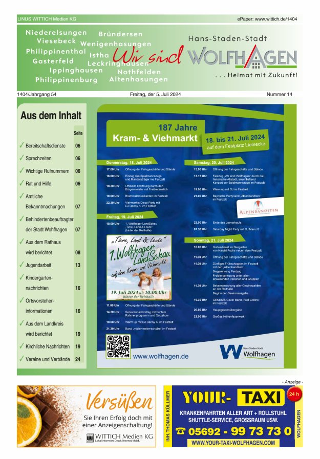 Wolfhager Stadtanzeiger Titelblatt 14/2024