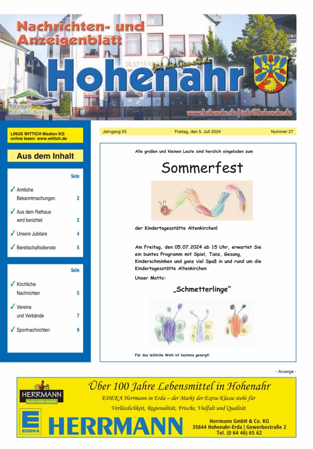 Nachrichten- und Anzeigenblatt für die Gemeinde Hohenahr Titelblatt 27/2024