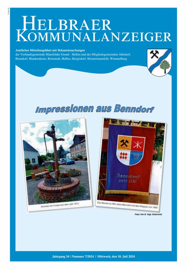 Helbraer Kommunalanzeiger – Amtliches Mitteilungsblatt mit Bekanntmachungen Titelblatt 07/2024