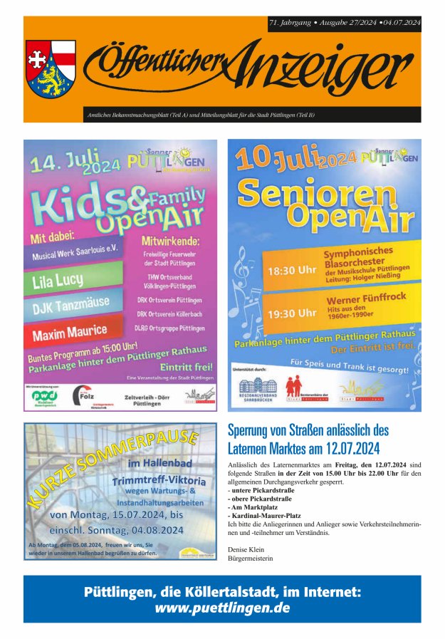 Öffentlicher Anzeiger - Stadt Püttlingen Titelblatt 27/2024