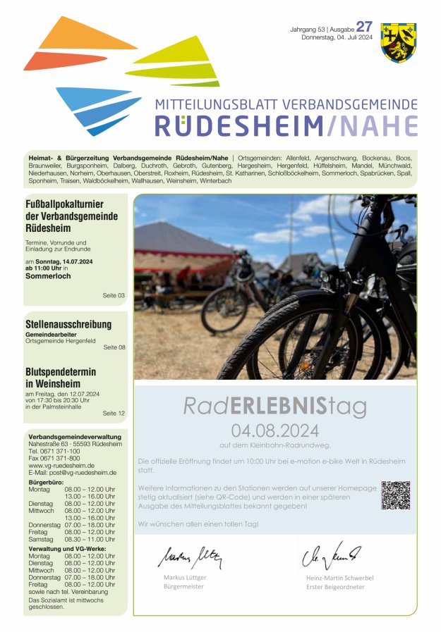 Mitteilungsblatt Verbandsgemeinde Rüdesheim und zugehörige Ortsgemeinden Titelblatt 27/2024