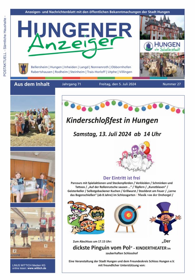 Anzeigen- und Nachrichtenblatt mit den öff  Bekanntmachungen der Stadt Hungen Titelblatt 27/2024