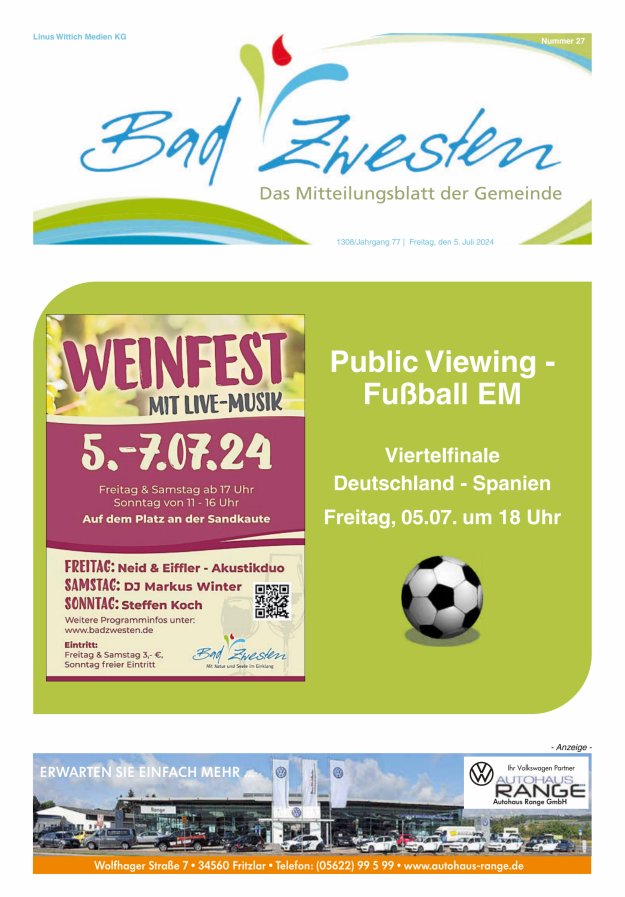 Heimatzeitung Bad Zwesten Titelblatt 27/2024