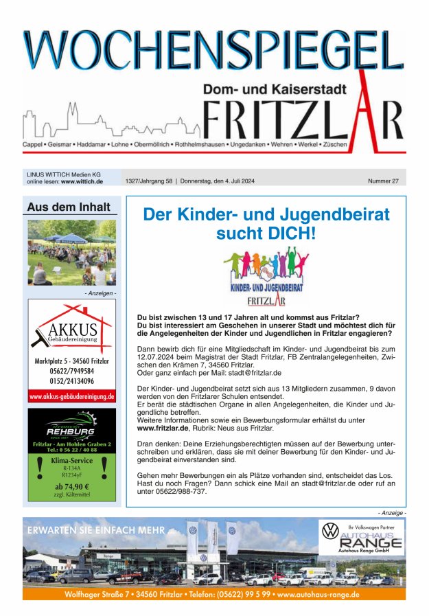 Wochenspiegel Dom- und Kaiserstadt Fritzlar Titelblatt 27/2024