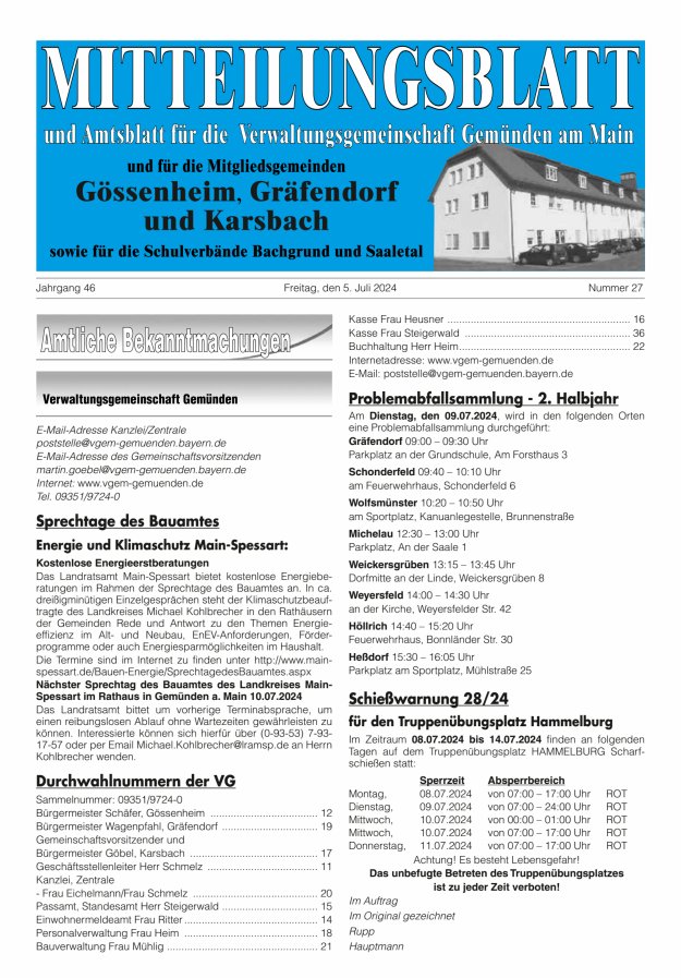 Mitteilungsblatt der VG Gemünden a Main Titelblatt 27/2024