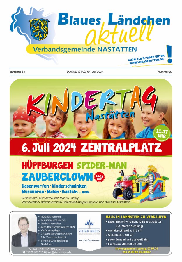 Blaues Ländchen aktuell - Heimat- u Bürgerzeitung VG Nastätten Titelblatt 27/2024
