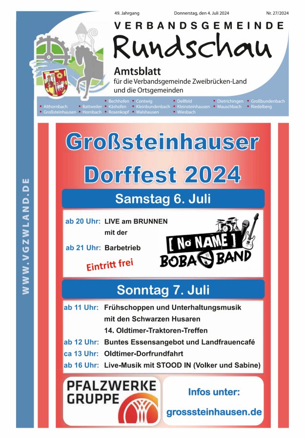 Verbandsgemeinde Rundschau Zweibrücken-Land Titelblatt 27/2024
