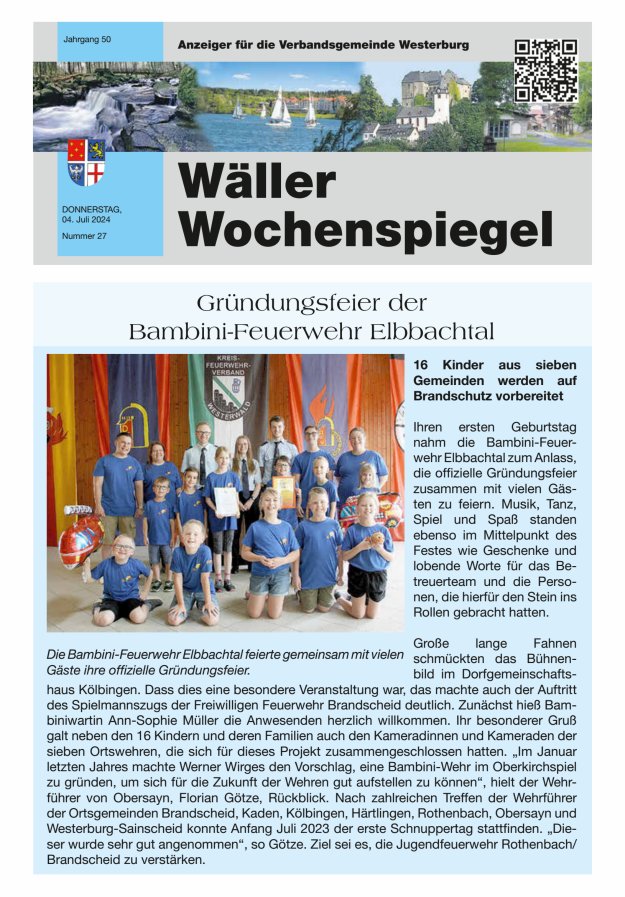 Wäller Wochenspiegel - Anzeiger für die Verbandsgemeinde Westerburg Titelblatt 27/2024