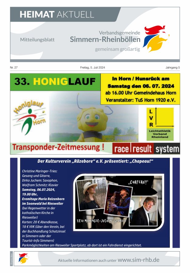 Heimat Aktuell Mitteilungsblatt der VG Simmern-Rheinböllen-Ausg Rheinböllen Titelblatt 27/2024