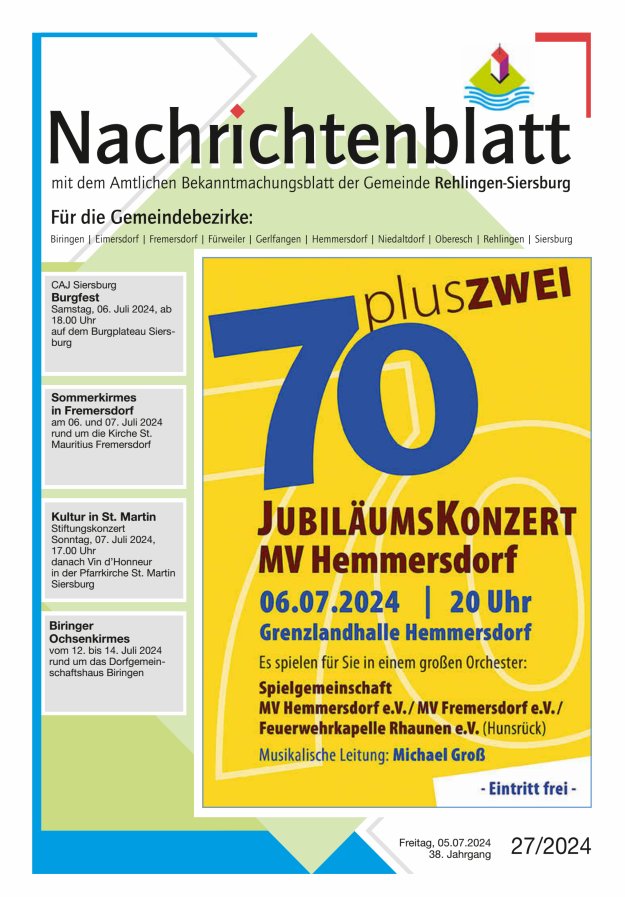Nachrichtenblatt Rehlingen-Siersburg Titelblatt 27/2024