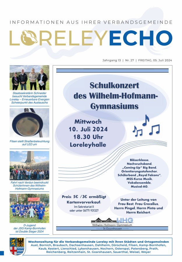 Loreley-Echo - Mitteilungsblatt der Verbandsgemeinde Loreley (Braubach) Titelblatt 27/2024