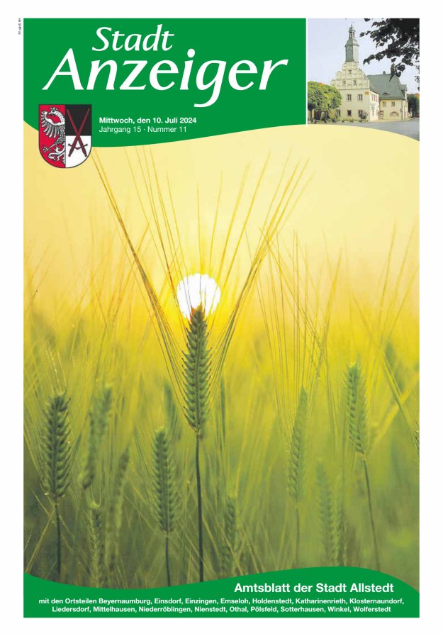 Stadtanzeiger Amtsblatt der Stadt Allstedt mit den Ortsteilen Titelblatt 11/2024