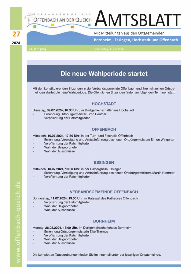 Amtsblatt VG Offenbach an der Queich Titelblatt 27/2024