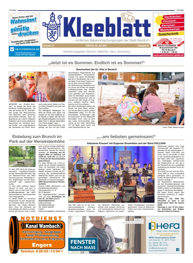 Kleeblatt - Amtliches Bekanntmachungsorgan der Stadt Bendorf Titelblatt 27/2024