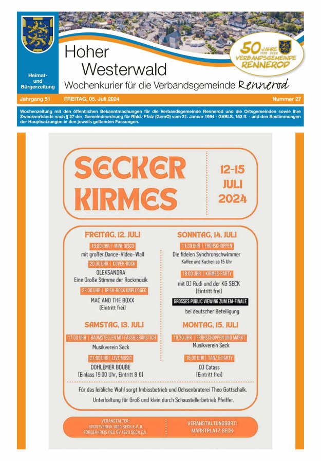 Hoher Westerwald - Wochenkurier für die Verbandsgemeinde Rennerod Titelblatt 27/2024