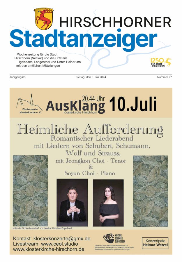 Hirschhorner Stadtanzeiger Titelblatt 27/2024