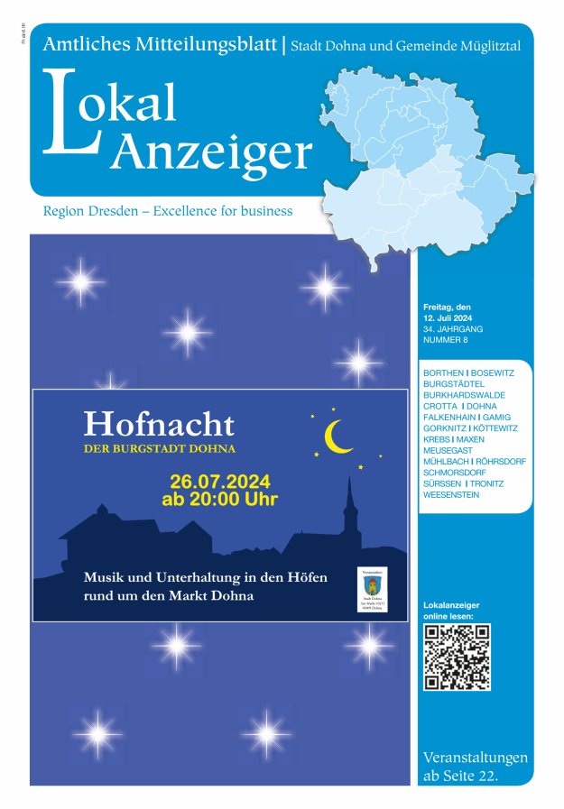 Lokal-Anzeiger – Amtliches Mitteilungsblatt Stadt Dohna und Gemeinde Müglitztal Titelblatt 08/2024