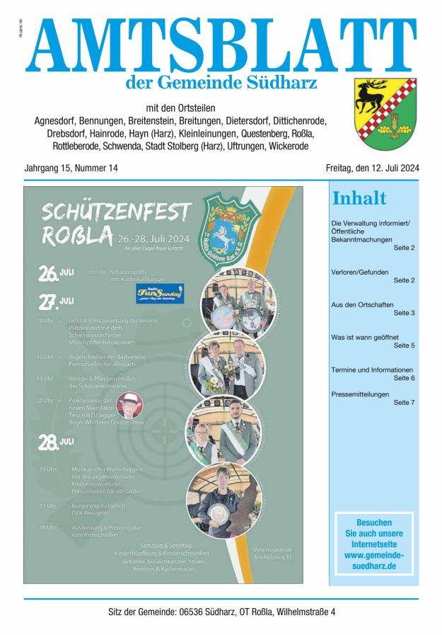 Amtsblatt der Gemeinde Südharz Titelblatt 14/2024