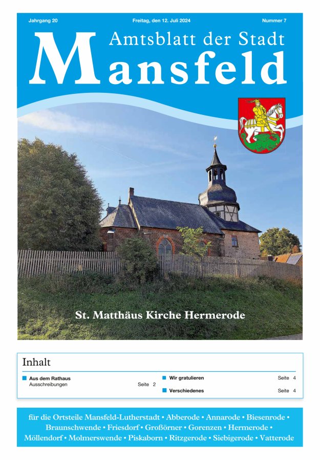 Amtsblatt der Stadt Mansfeld Titelblatt 07/2024