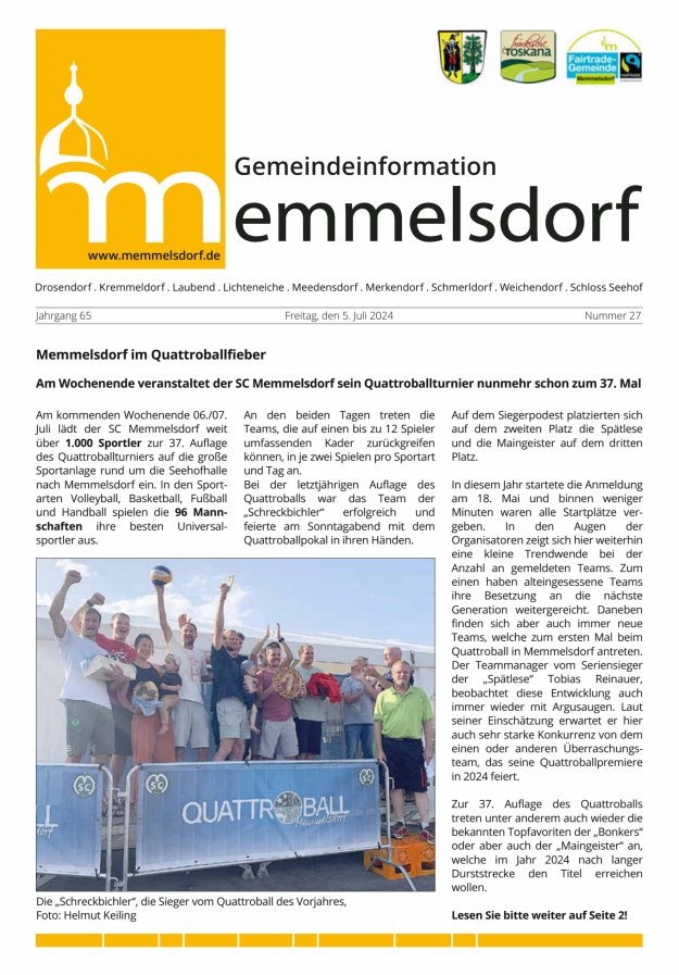 Mitteilungsblatt der Gemeinde Memmelsdorf Titelblatt 27/2024