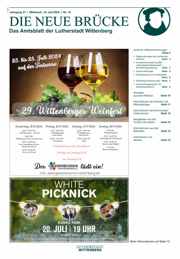Die neue Brücke – Das Amtsblatt der Lutherstadt Wittenberg Titelblatt 15/2024